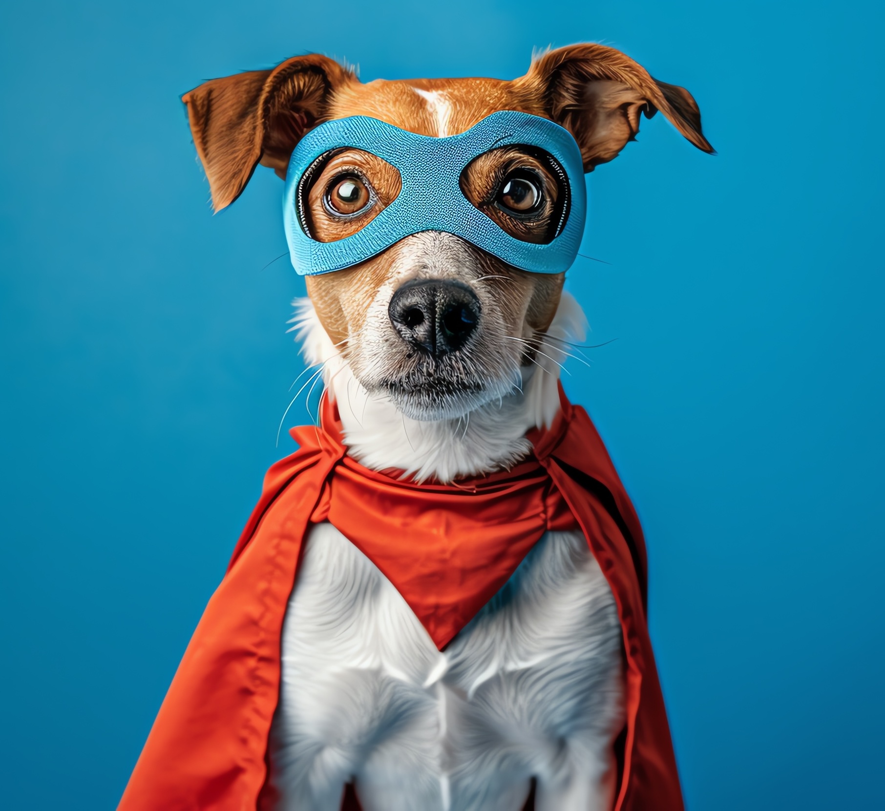 Dog dressed as a superhero with a mask and cape, blue background