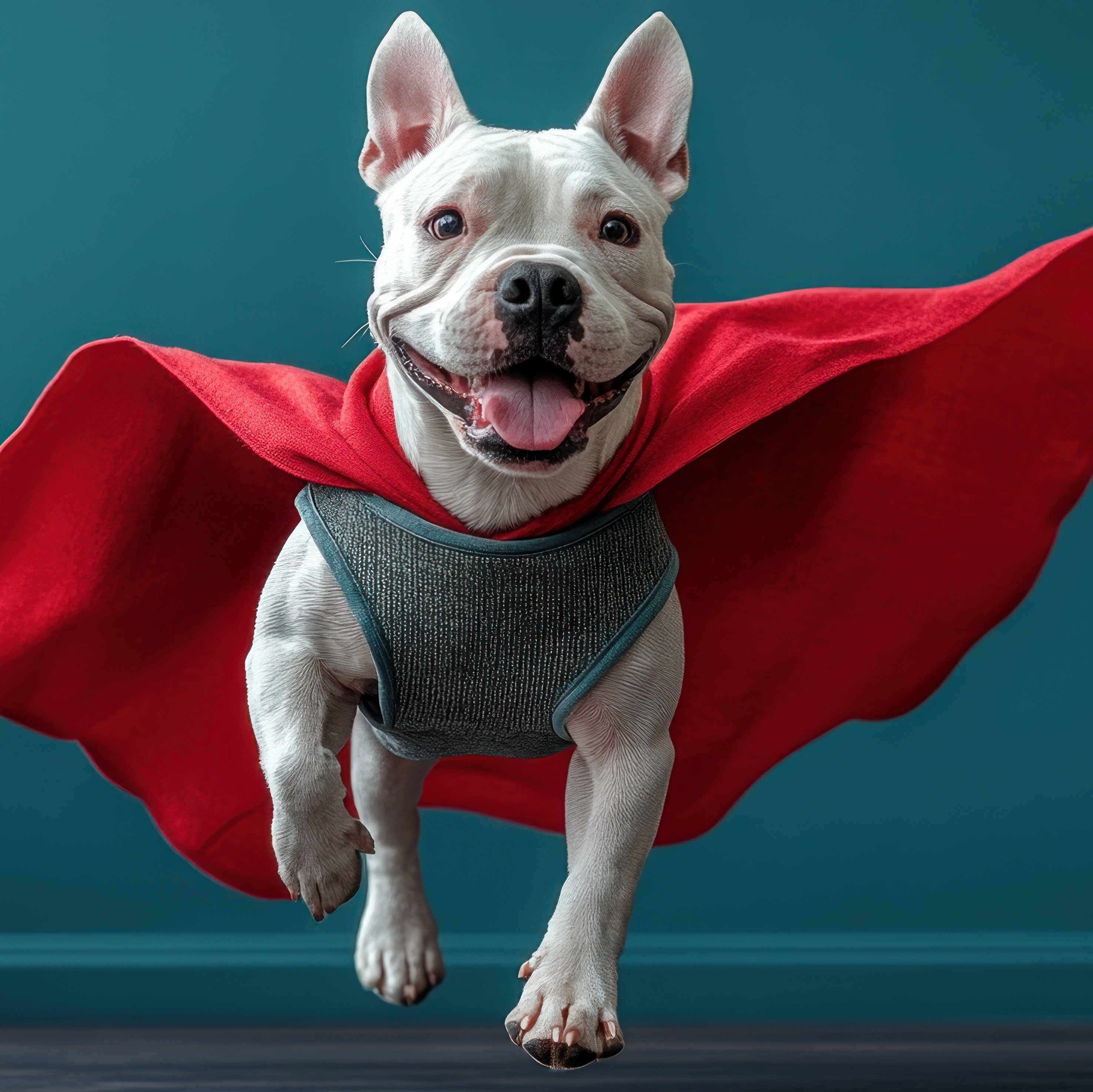Superhero Dog in Flight: A White Bulldog Soaring with a Red Cape